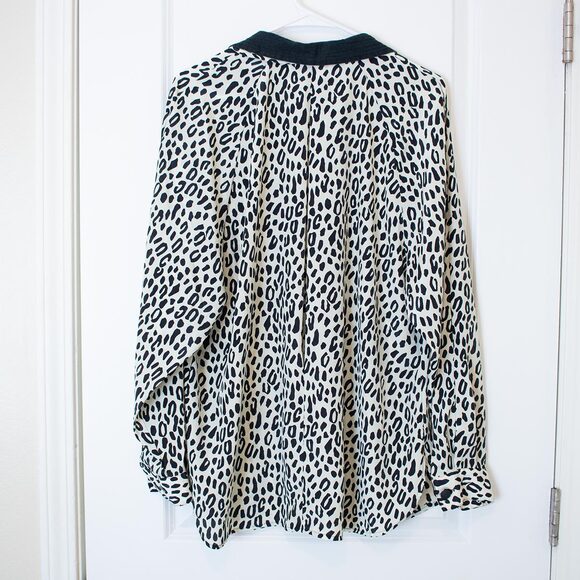 Colorblock Leopard Shirt Denim Collar Retro Black White Button 13/14 Dark Winter - Picture 2 of 11